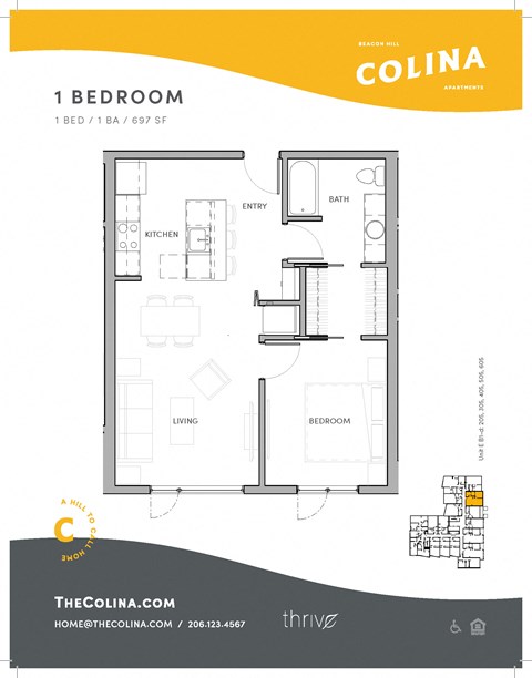Floor plan for 1 bed, 1 bath, 719 sqft